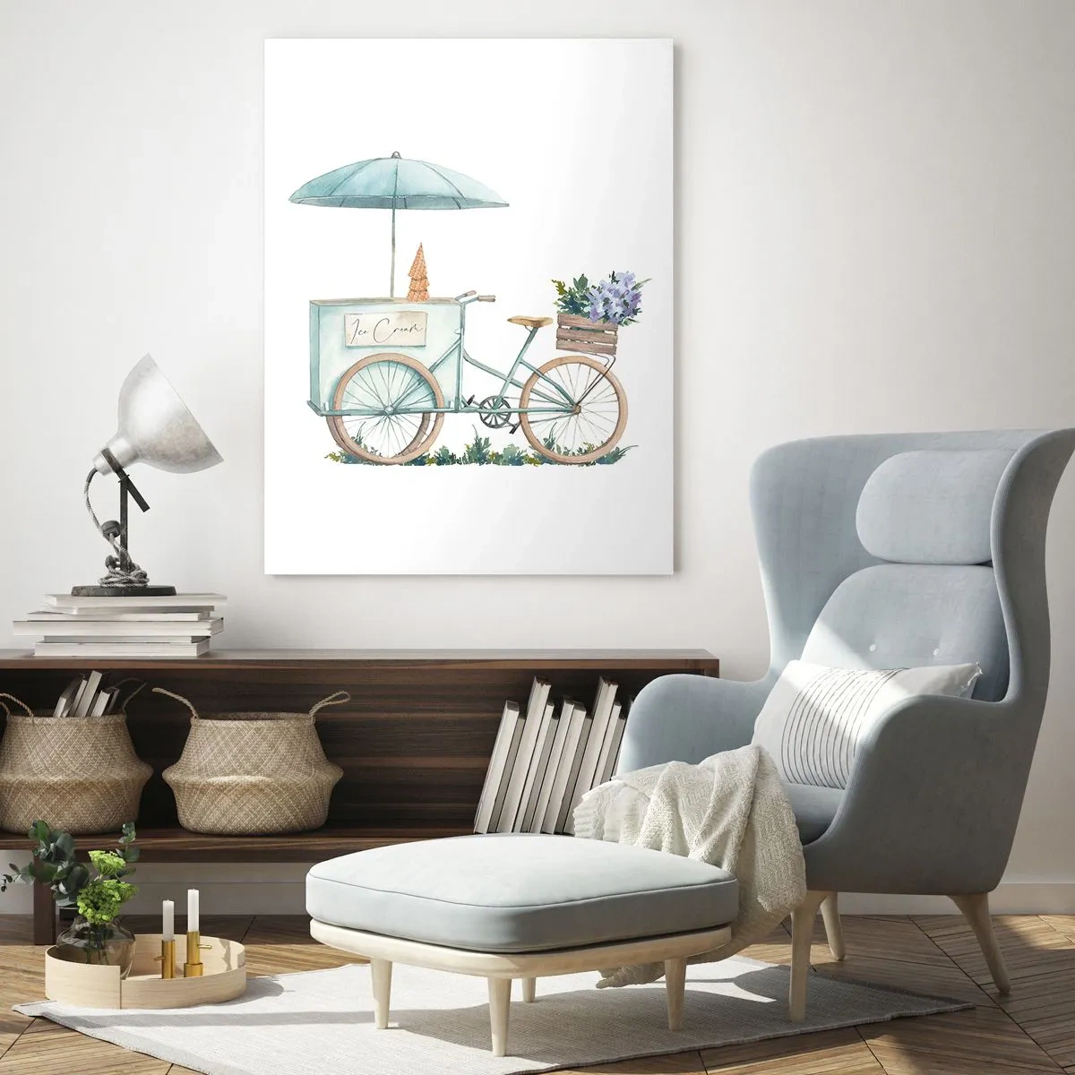 Impression sur verre - Image sur verre - Un vélo avec de la glace et des fleurs sous un parapluie aux couleurs pastel délicates - 70x100cm - Doux souvenir d'été - Décoration murale moderne pour le salon et la chambre ARTTOR