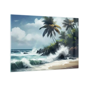 Impression sur verre - Image sur verre - Vagues s'écrasant contre les rochers près des palmiers sur une plage tropicale - 70x50cm - Sur une côte tropicale - Décoration murale moderne pour le salon et la chambre ARTTOR