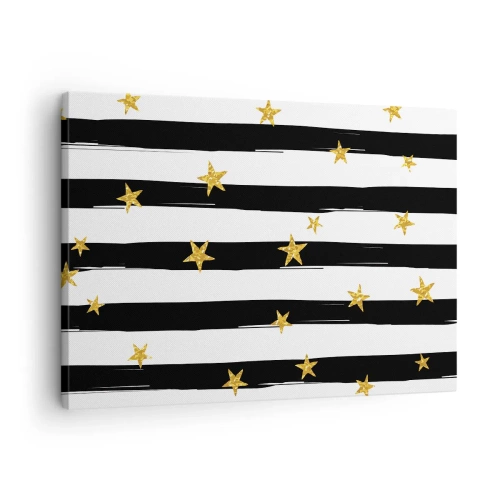 Impression sur toile - Image sur toile - Rayures noires et blanches avec étoiles dorées - 70x50cm - Nous sommes tous nés sous une bonne étoile - Décoration murale moderne pour le salon et la chambre ARTTOR