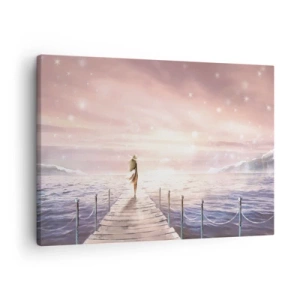 Impression sur toile - Image sur toile - Une femme sur une jetée dans un décor de coucher de soleil magique - 70x50cm - A la lumière d'un rêve - Décoration murale moderne pour le salon et la chambre ARTTOR