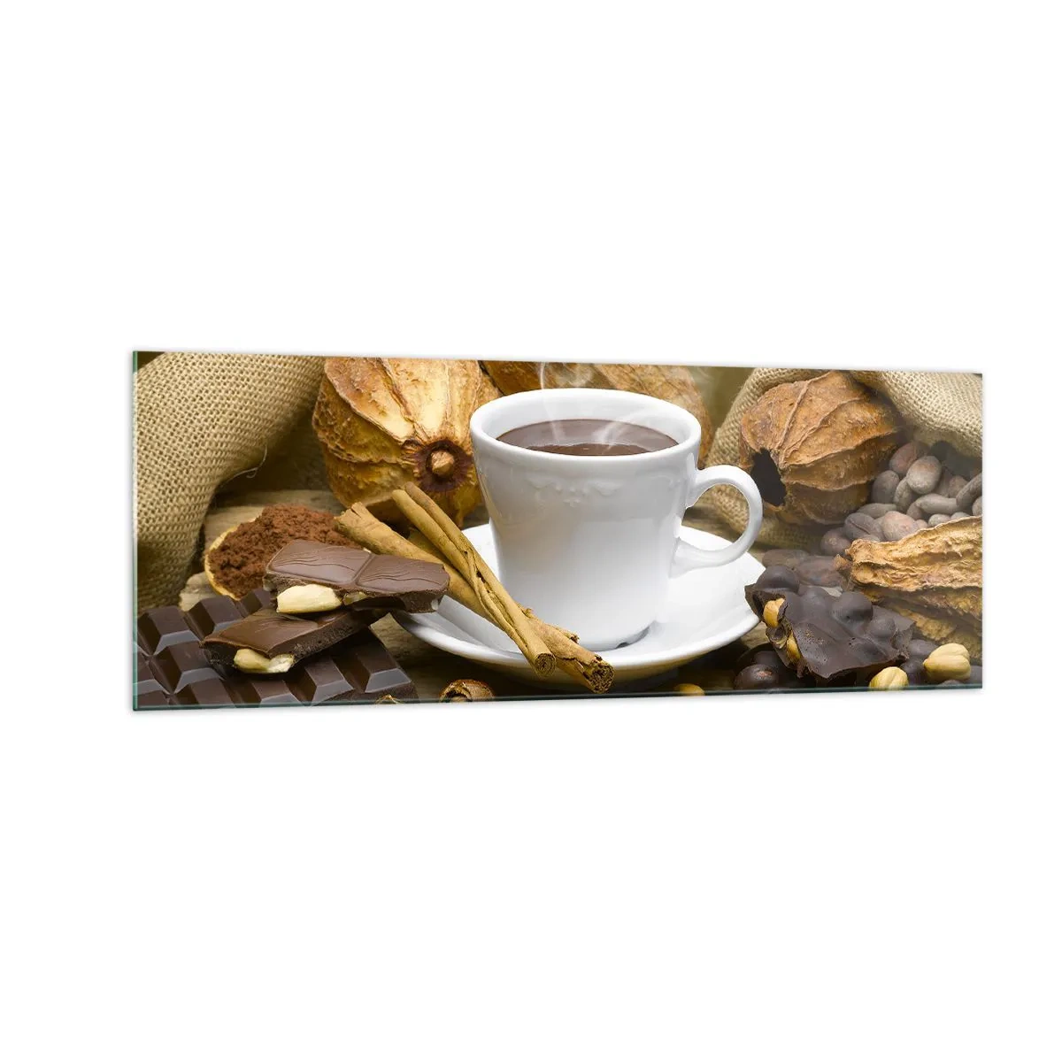 Impression sur verre - Image sur verre - Une tasse de chocolat chaud entourée de cacao et de cannelle - 140x50cm - Pour les amateurs de sensations fortes - Décoration murale moderne pour le salon et la chambre ARTTOR