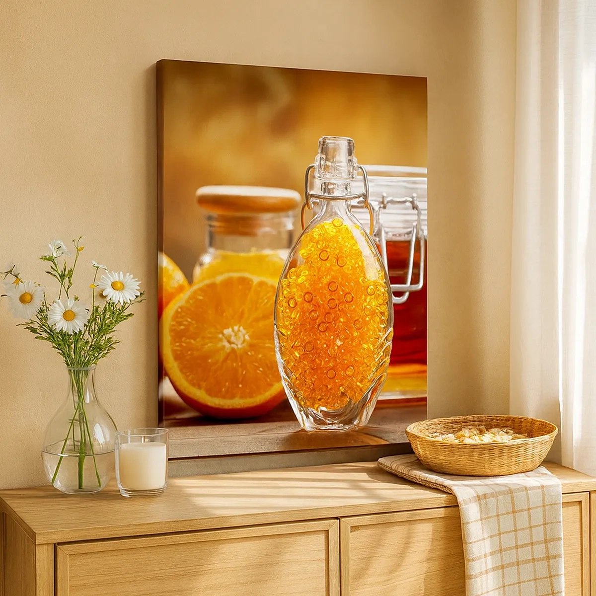 Impression sur toile - Image sur toile - Une bouteille de liquide ambré et des oranges fraîches - 50x70cm - Saveurs et arômes ensoleillés - Décoration murale moderne pour le salon et la chambre ARTTOR