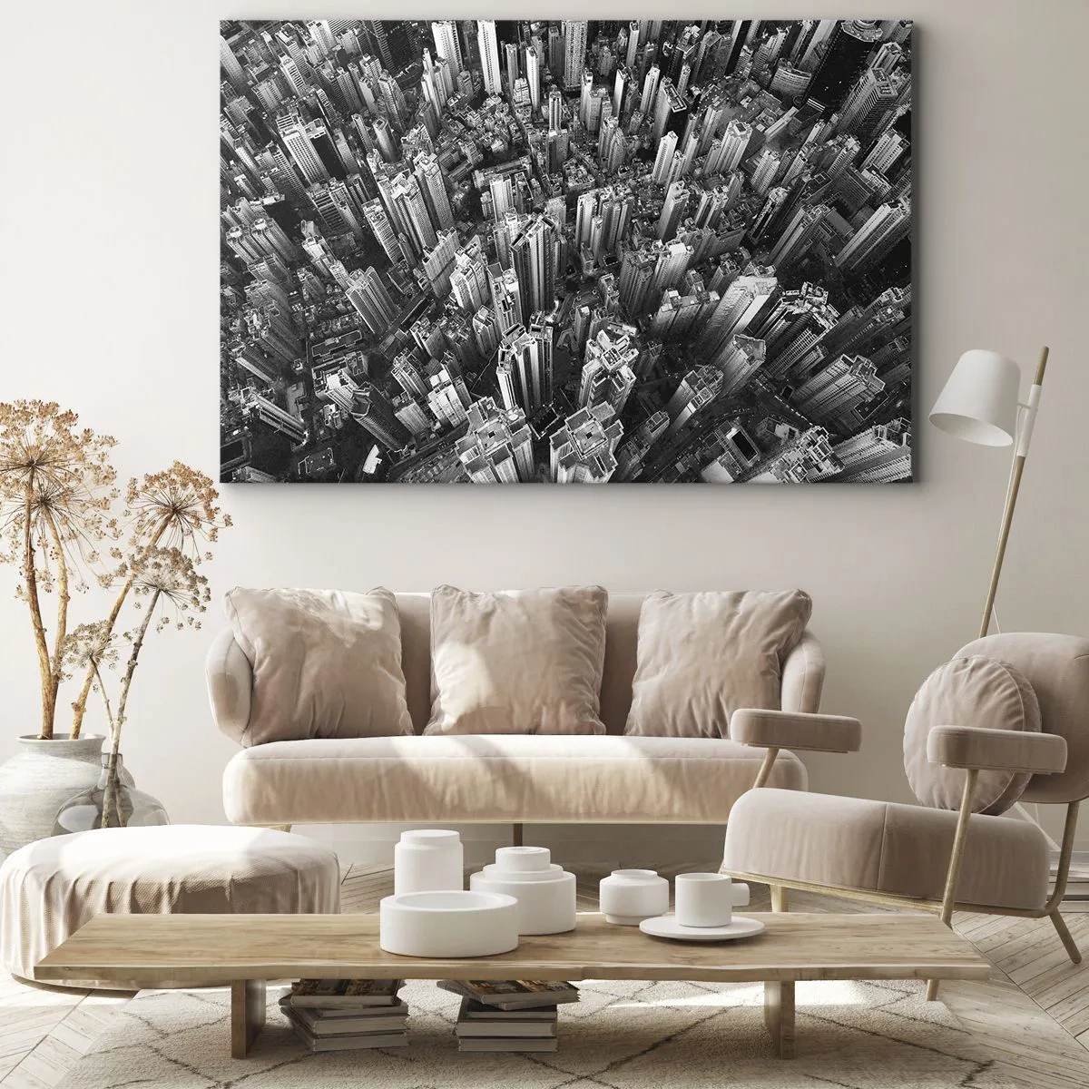 Impression sur toile - Image sur toile - Vue aérienne de la ville en noir et blanc - 100x70cm - Toujours de plus en plus haut - Décoration murale moderne pour le salon et la chambre ARTTOR