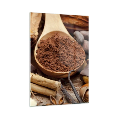 Impression sur verre - Image sur verre - Une cuillerée de cacao entourée de chocolat, d'épices et de noix - 50x70cm - La meilleure pour les chagrins - Décoration murale moderne pour le salon et la chambre ARTTOR