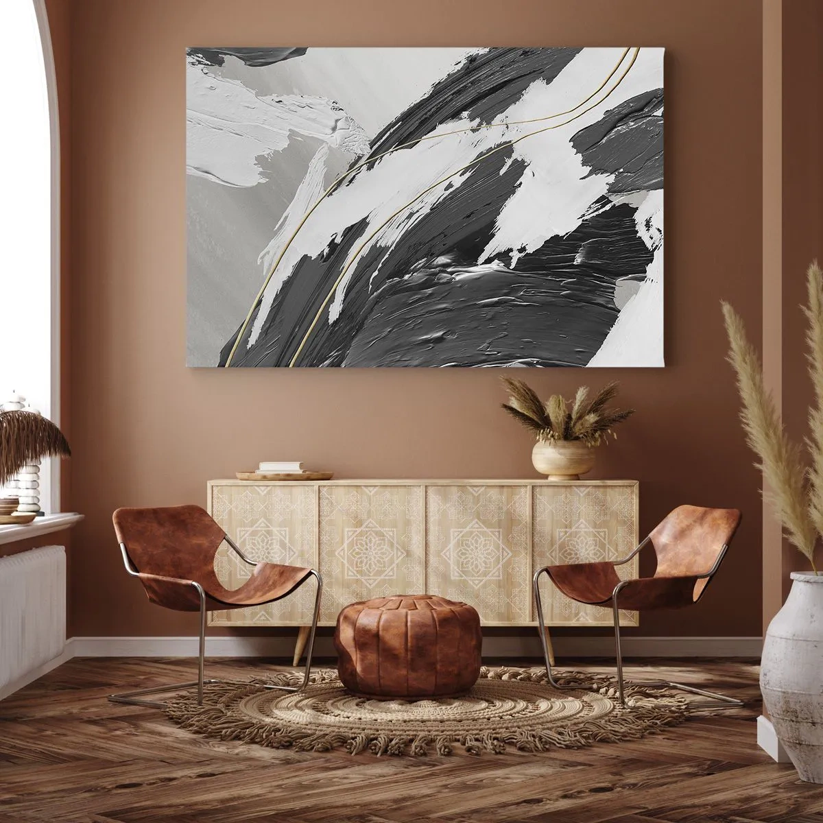 Impression sur toile - Image sur toile - Coups de pinceau noirs et blancs avec une subtile touche dorée - 120x80cm - L'abstraction à grande échelle - Décoration murale moderne pour le salon et la chambre ARTTOR