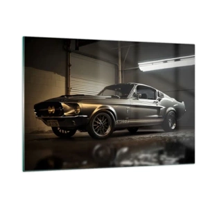 Impression sur verre - Image sur verre - Voiture classique dans un garage sous un éclairage industriel - 120x80cm - Retour dans le passé - Décoration murale moderne pour le salon et la chambre ARTTOR