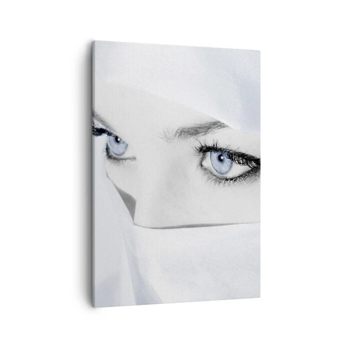Impression sur toile - Image sur toile - Portrait d'une femme aux yeux bleus cachés derrière un voile blanc - 50x70cm - Directement des mille et une nuits - Décoration murale moderne pour le salon et la chambre ARTTOR