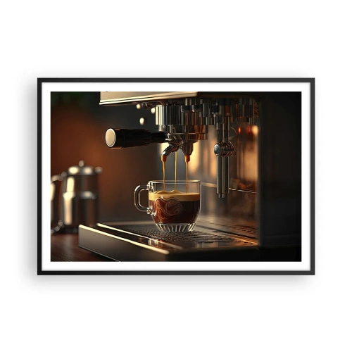 Affiche dans un cadre noir - Poster - Machine à café avec une tasse d'espresso aromatique - 100x70cm - Un mélange sensuel - Décoration murale moderne pour le salon et la chambre ARTTOR