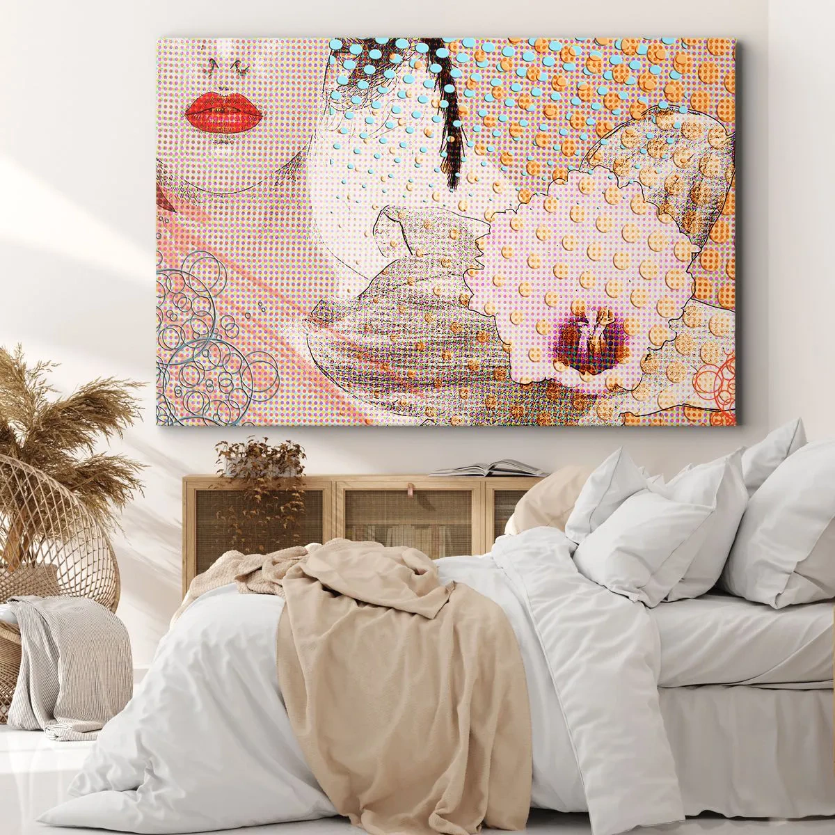 Impression sur toile - Image sur toile - Œuvre d'art abstraite avec un motif de bouche et d'orchidée - 70x50cm - Héroïne de bande dessinée - Décoration murale moderne pour le salon et la chambre ARTTOR
