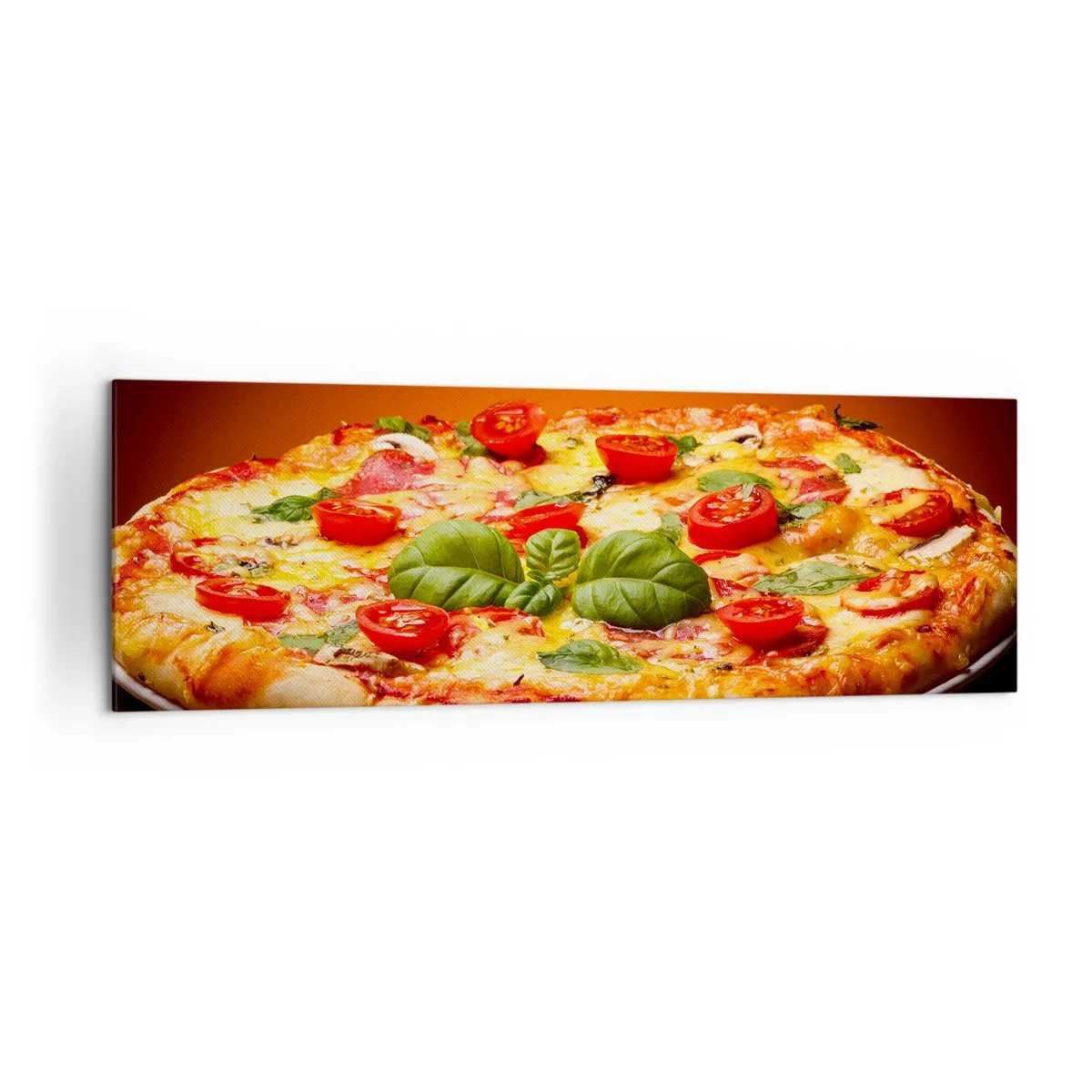 Impression sur toile - Image sur toile - Pizza aux tomates et au basilic sur une table en bois - 160x50cm - Mamma mia! - Décoration murale moderne pour le salon et la chambre ARTTOR
