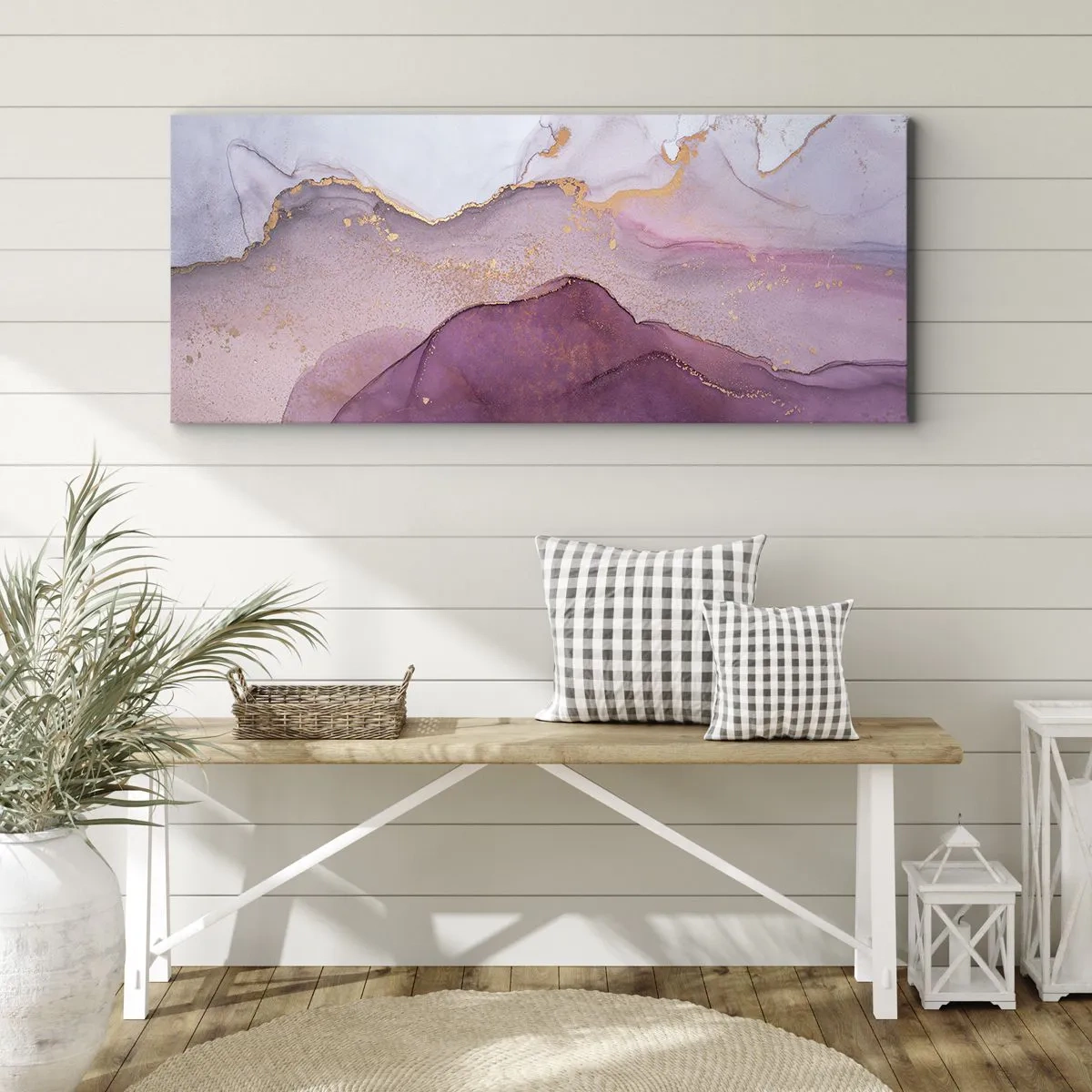 Impression sur toile - Image sur toile - Une composition abstraite dans des tons de violet et d'or. - 140x50cm - Vagues lilas et violettes - Décoration murale moderne pour le salon et la chambre ARTTOR