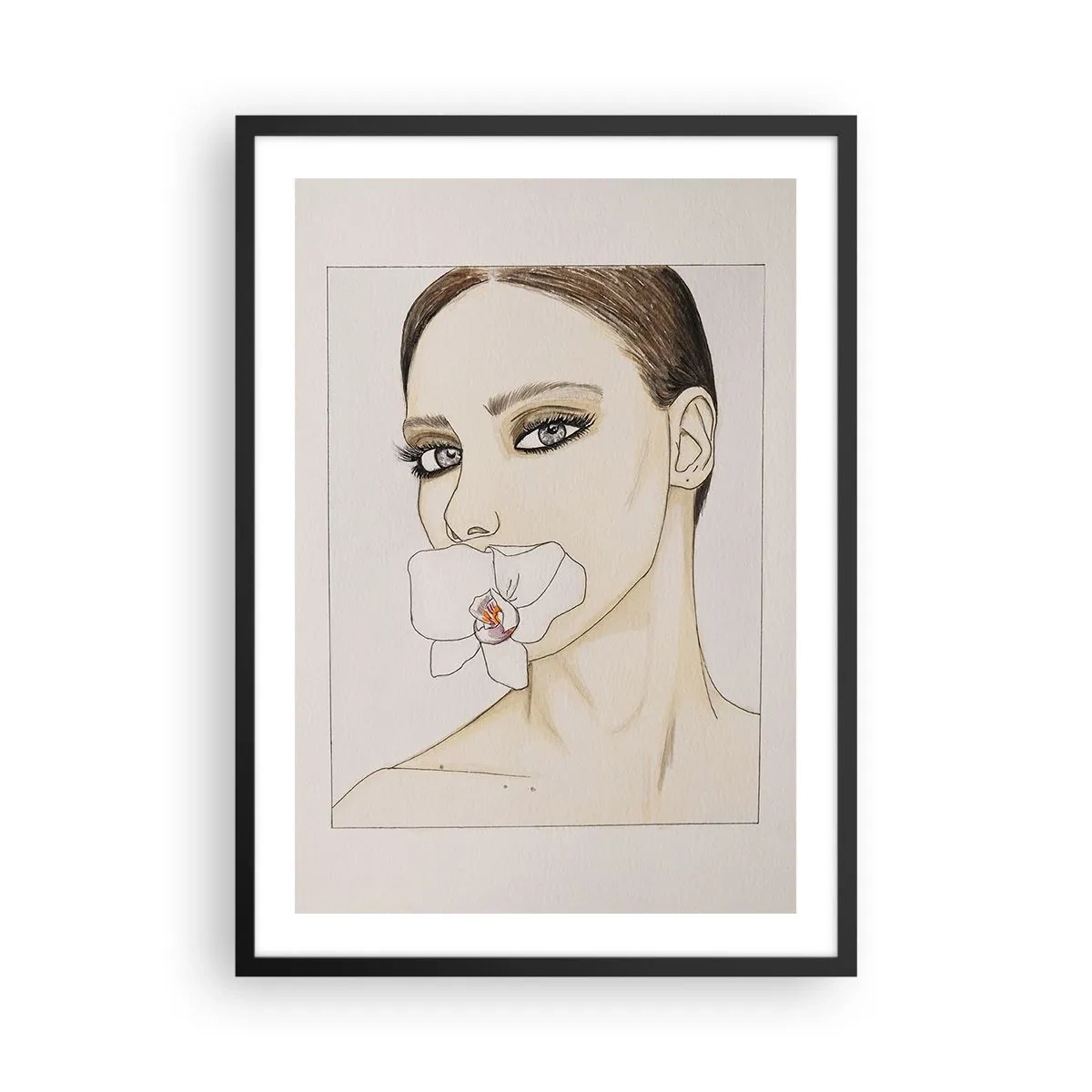 Affiche dans un cadre noir - Poster - Portrait d'une femme avec une orchidée sur les lèvres - 50x70cm - Symbole de l'élégance et de la beauté - Décoration murale moderne pour le salon et la chambre ARTTOR