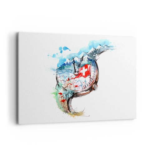 Impression sur toile - Image sur toile - Un paysage aquarelle de la Suisse dans un design d'horlogerie - 120x80cm - L'esprit de la Suisse - Décoration murale moderne pour le salon et la chambre ARTTOR