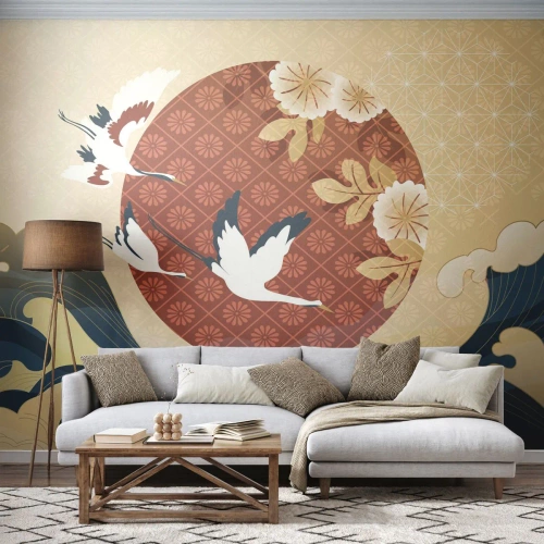 Papier Peint Photo Premium Sand - Grues japonaises, vagues et fleurs sur fond de cercle rouge - 100x70cm - Conte japonnais - Décoration murale moderne pour le salon et la chambre ARTTOR