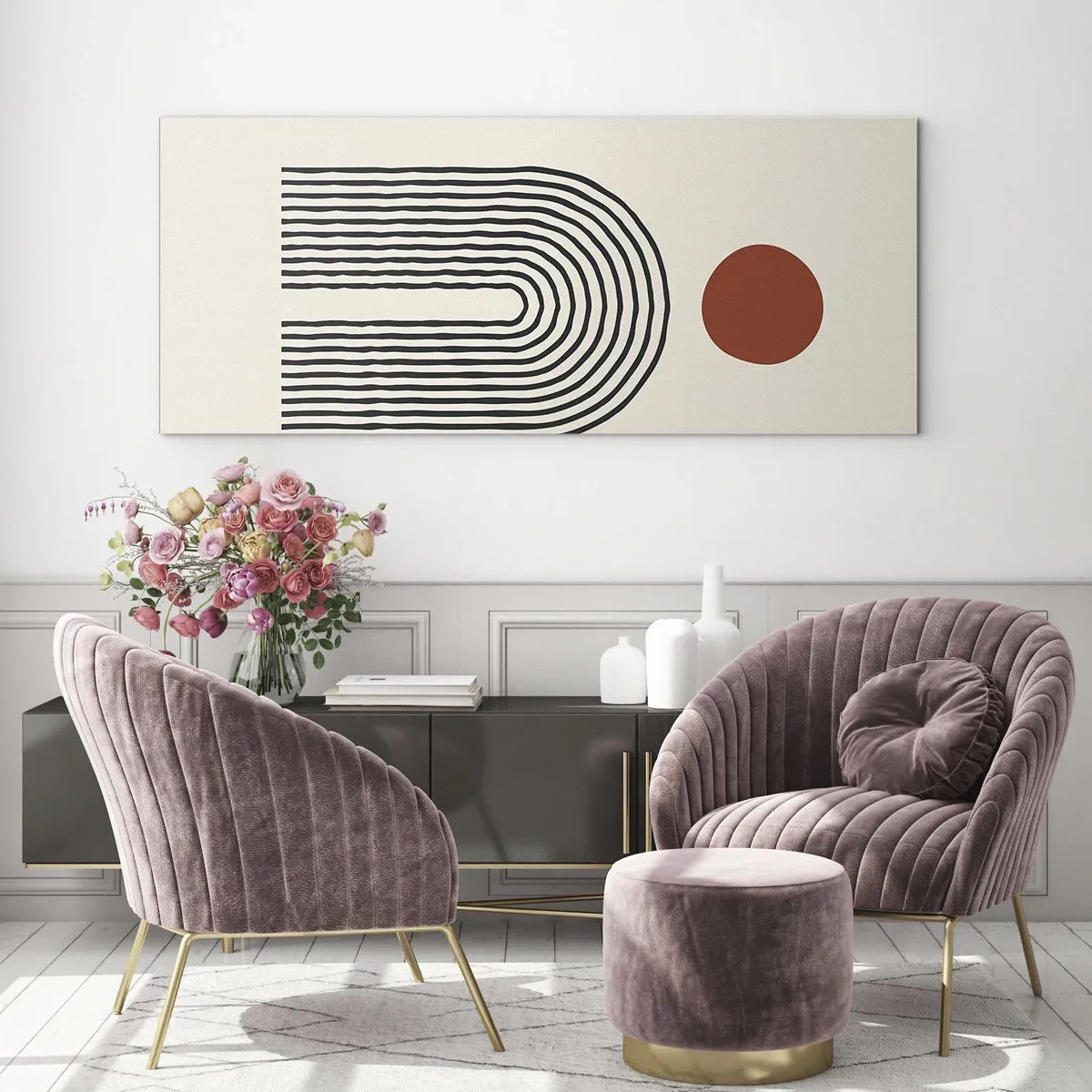 Impression sur verre - Image sur verre - Motif abstrait moderne avec des lignes et un cercle rouge - 140x50cm - Le magnétisme des formes et des couleurs - Décoration murale moderne pour le salon et la chambre ARTTOR