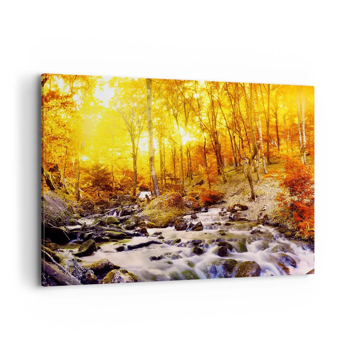 Impression sur toile - Image sur toile - Forêt d'automne avec un ruisseau parmi les feuilles dorées - 100x70cm - Pierres serties d'or et de platine - Décoration murale moderne pour le salon et la chambre ARTTOR
