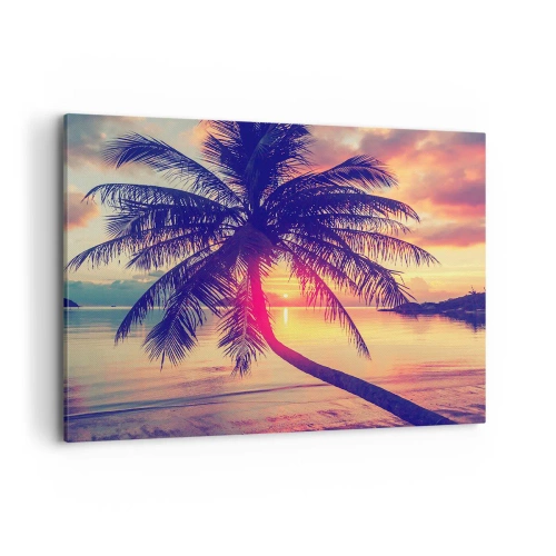 Impression sur toile - Image sur toile - Coucher de soleil avec un palmier sur un rivage tranquille - 100x70cm - Soirée sous les palmiers - Décoration murale moderne pour le salon et la chambre ARTTOR