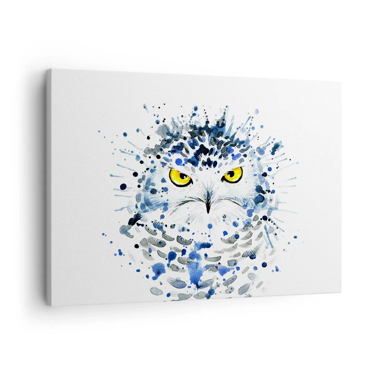 Impression sur toile - Image sur toile - Portrait abstrait d'un hibou aux couleurs bleu et jaune - 70x50cm - Droit dans les yeux - Décoration murale moderne pour le salon et la chambre ARTTOR