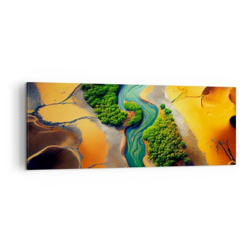 Impression sur toile - Image sur toile - Une rivière verte entourée de sable doré et de végétation - 140x50cm - Rivière vivifiante - Décoration murale moderne pour le salon et la chambre ARTTOR
