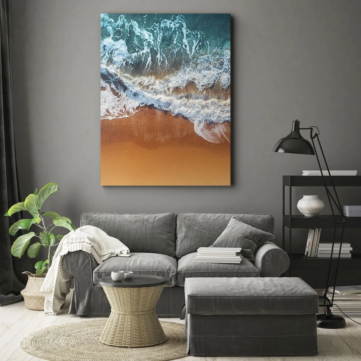 Impression sur toile - Image sur toile - Vue aérienne des vagues de l'océan s'écrasant sur le rivage - 80x120cm - Toujours ensemble - Décoration murale moderne pour le salon et la chambre ARTTOR