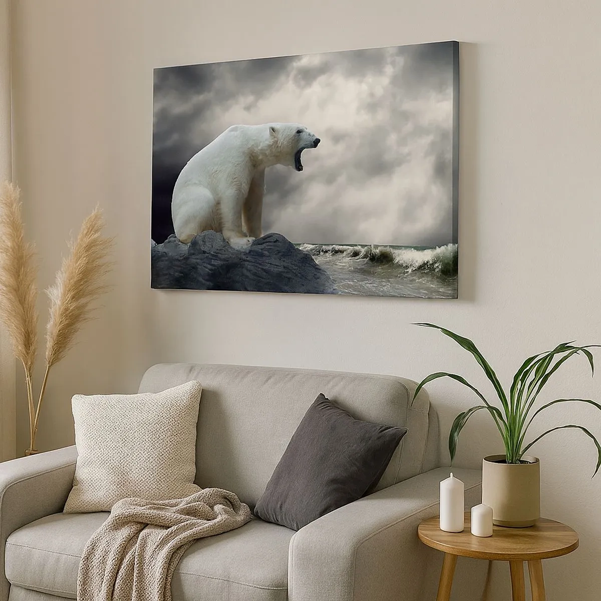Impression sur toile - Image sur toile - Un ours polaire sur les rochers au-dessus d'une mer agitée - 70x50cm - Roi solitaire de l'Arctique - Décoration murale moderne pour le salon et la chambre ARTTOR