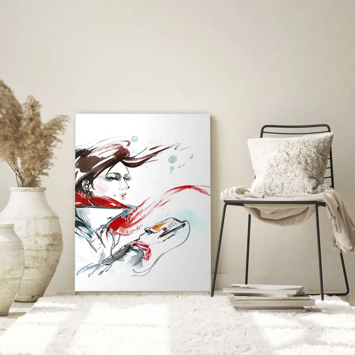 Impression sur verre - Image sur verre - Une femme portant un foulard rouge avec des détails dynamiques et esquissés. - 50x70cm - Quelque chose se passe en moi - Décoration murale moderne pour le salon et la chambre ARTTOR