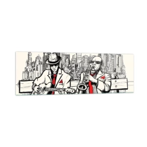Impression sur verre - Image sur verre - Un duo de jazz avec saxophone et guitare sur fond de ville - 160x50cm - improvisation new-yorkaise - Décoration murale moderne pour le salon et la chambre ARTTOR