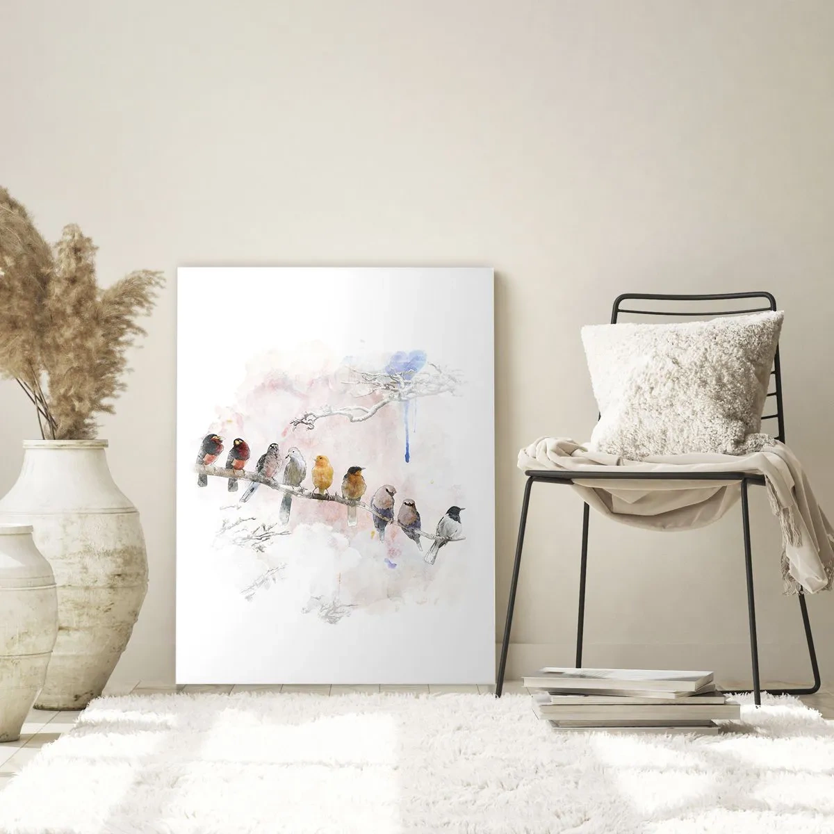 Impression sur verre - Image sur verre - Oiseaux colorés sur une branche dans un style pictural - 50x70cm - Rencontre ailée - Décoration murale moderne pour le salon et la chambre ARTTOR