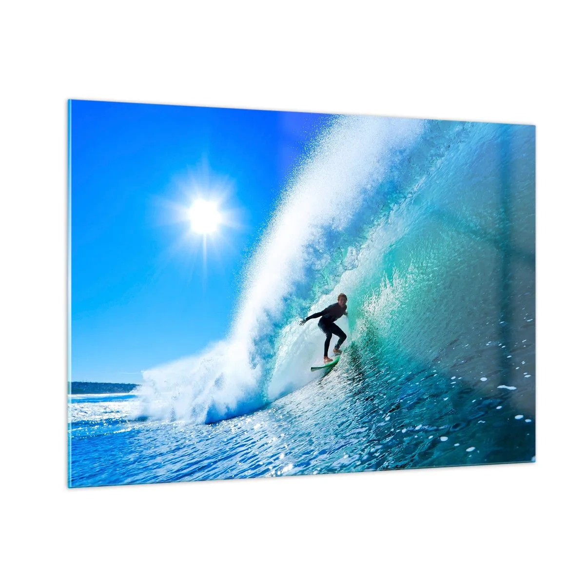 Impression sur verre - Image sur verre - Surfeur sur une vague par une journée ensoleillée - 100x70cm - A travers le grand ciel bleu - Décoration murale moderne pour le salon et la chambre ARTTOR