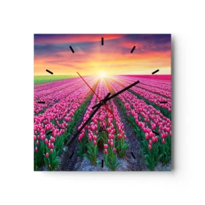 Horloge murale - Pendule murale - Un champ de tulipes au coucher du soleil - 30x30cm - Ferme de la beauté - Décoration murale moderne pour le salon et la chambre ARTTOR