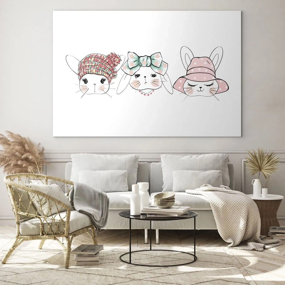 Impression sur verre - Image sur verre - Des lapins mignons avec des chapeaux et des nœuds - 70x50cm - Pensif, triste, satisfait - Décoration murale moderne pour le salon et la chambre ARTTOR