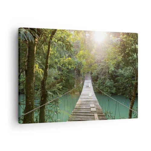 Impression sur toile - Image sur toile - Un pont suspendu dans une forêt tropicale illuminée par la lumière du soleil. - 70x50cm - De l'eau azur à la forêt azur - Décoration murale moderne pour le salon et la chambre ARTTOR