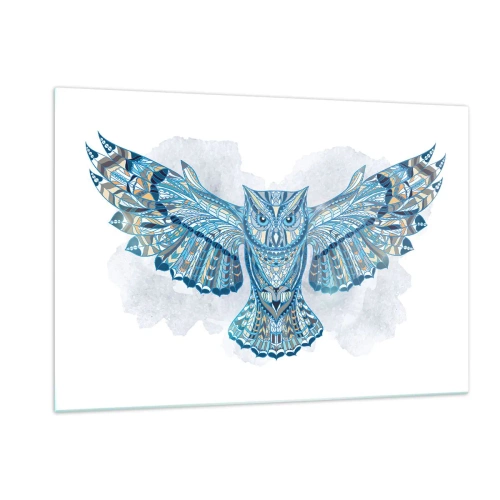 Impression sur verre - Image sur verre - Chouette bleue aux ailes déployées de style géométrique - 120x80cm - D'un bosquet sacré celtique - Décoration murale moderne pour le salon et la chambre ARTTOR