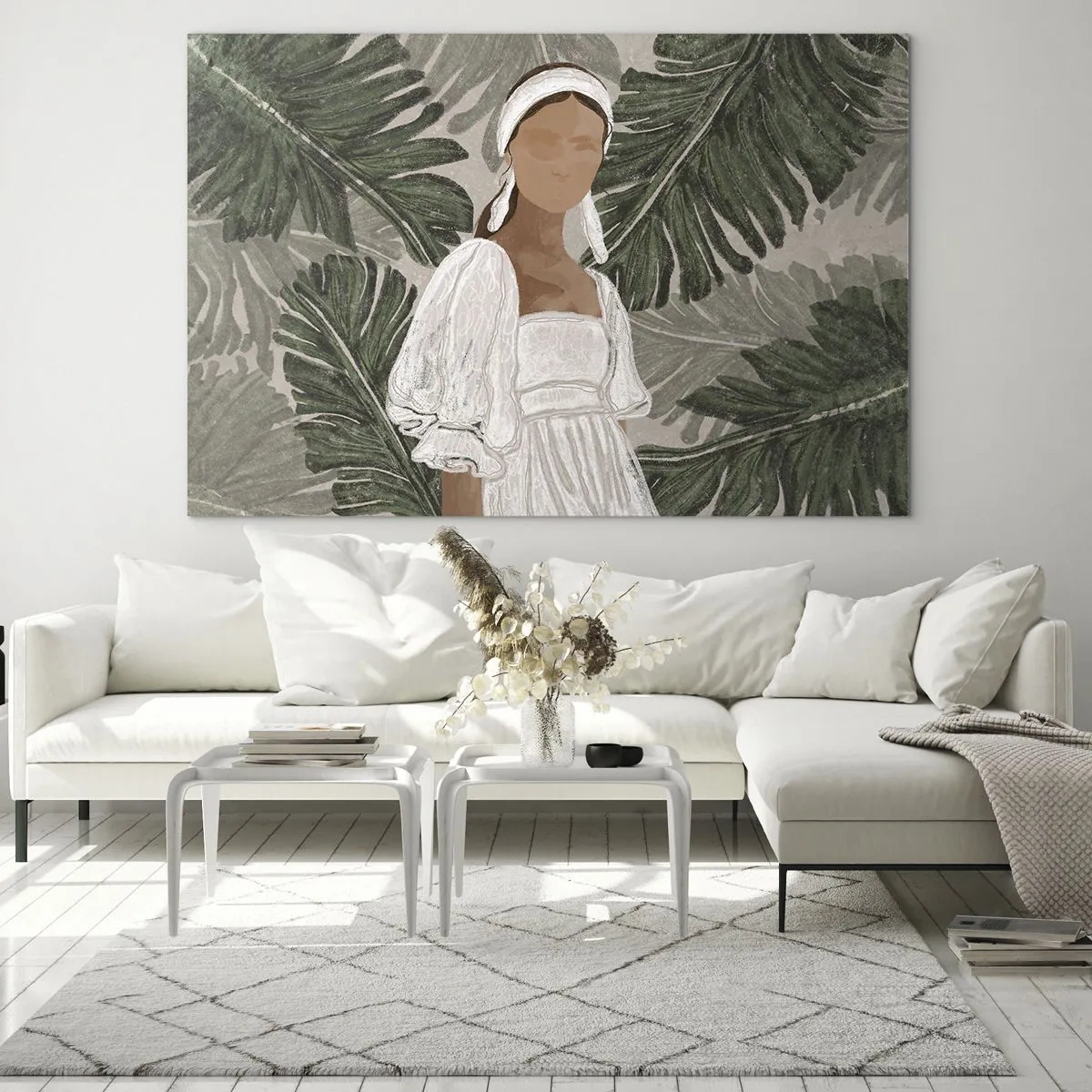Impression sur verre - Image sur verre - Une femme en robe blanche sur fond de feuilles tropicales vertes. - 100x70cm - Portrait exotique - Décoration murale moderne pour le salon et la chambre ARTTOR