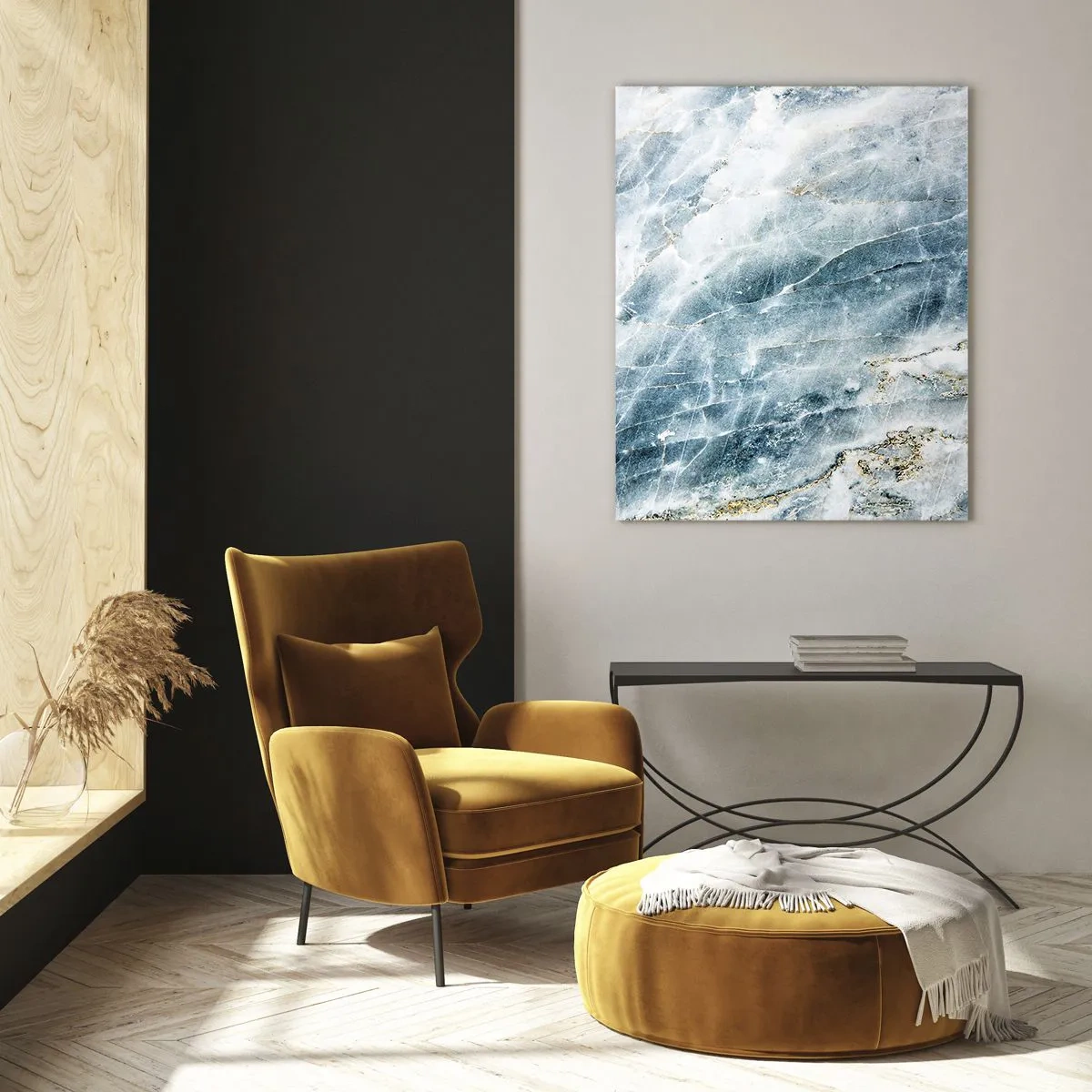Impression sur verre - Image sur verre - Texture abstraite de marbre de glace dans des tons de bleu et de blanc - 50x70cm - Monde de glace - Décoration murale moderne pour le salon et la chambre ARTTOR