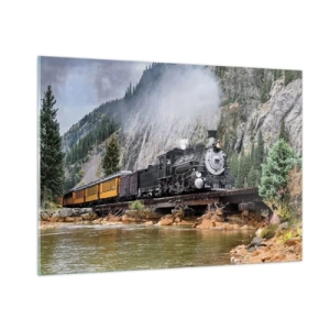Impression sur verre - Image sur verre - Une locomotive à vapeur sur un pont dans les montagnes - 100x70cm - Et lui jusqu'où? Jusqu'où? - Décoration murale moderne pour le salon et la chambre ARTTOR