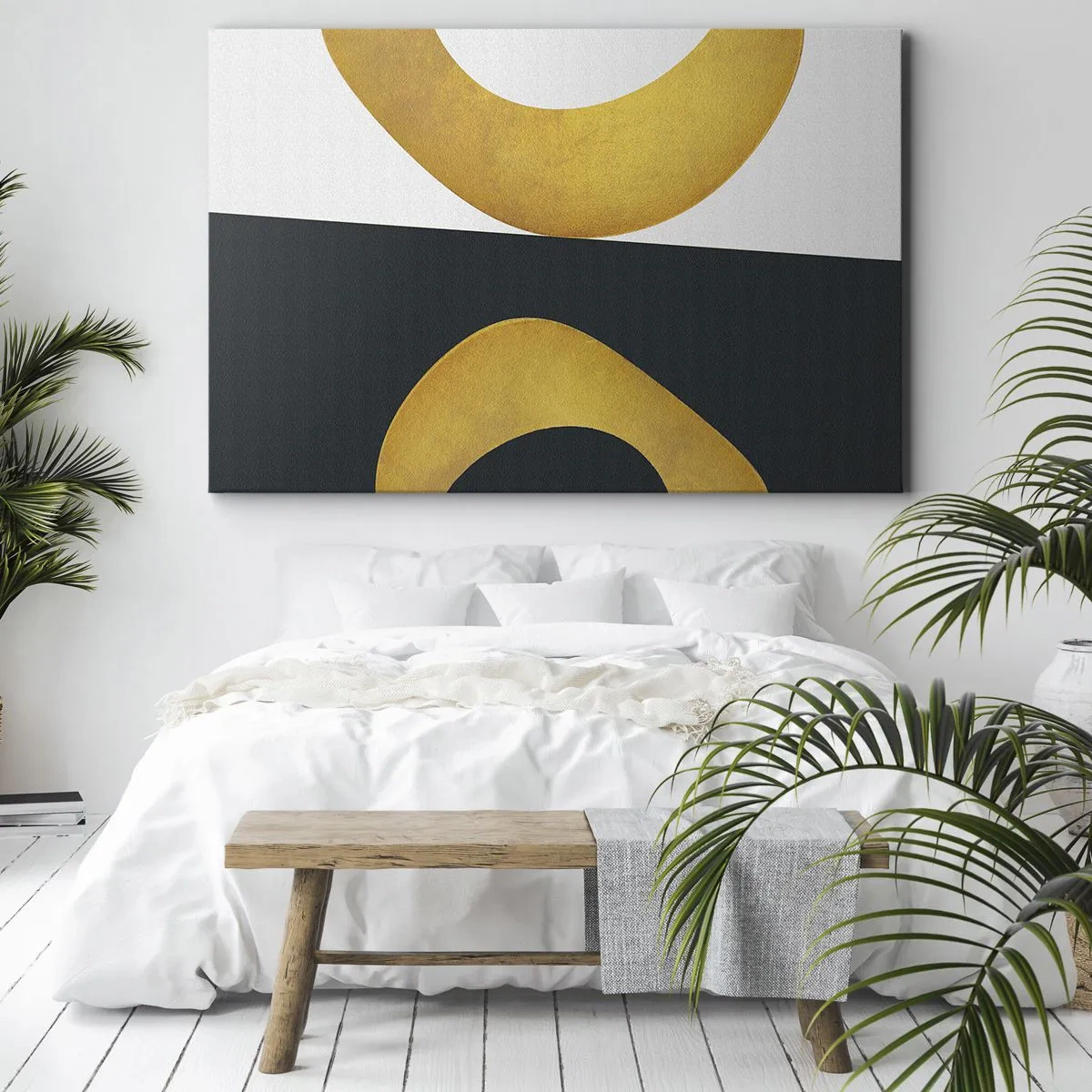 Impression sur toile - Image sur toile - Formes géométriques en or sur fond blanc et foncé - 70x50cm - Avant tout : l’or - Décoration murale moderne pour le salon et la chambre ARTTOR