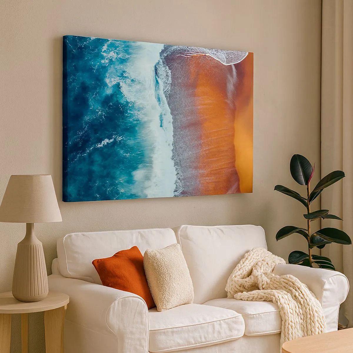 Impression sur toile - Image sur toile - Une vue des vagues de l'océan s'écrasant sur la plage dorée - 70x50cm - Caresse de l'océan - Décoration murale moderne pour le salon et la chambre ARTTOR