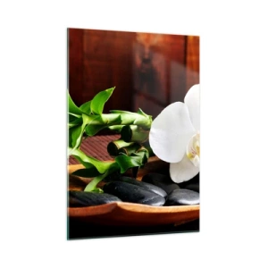Impression sur verre - Image sur verre - Orchidée blanche sur pierres noires et bambou dans un bol en bois - 50x70cm - Cédez au contact de la nature - Décoration murale moderne pour le salon et la chambre ARTTOR