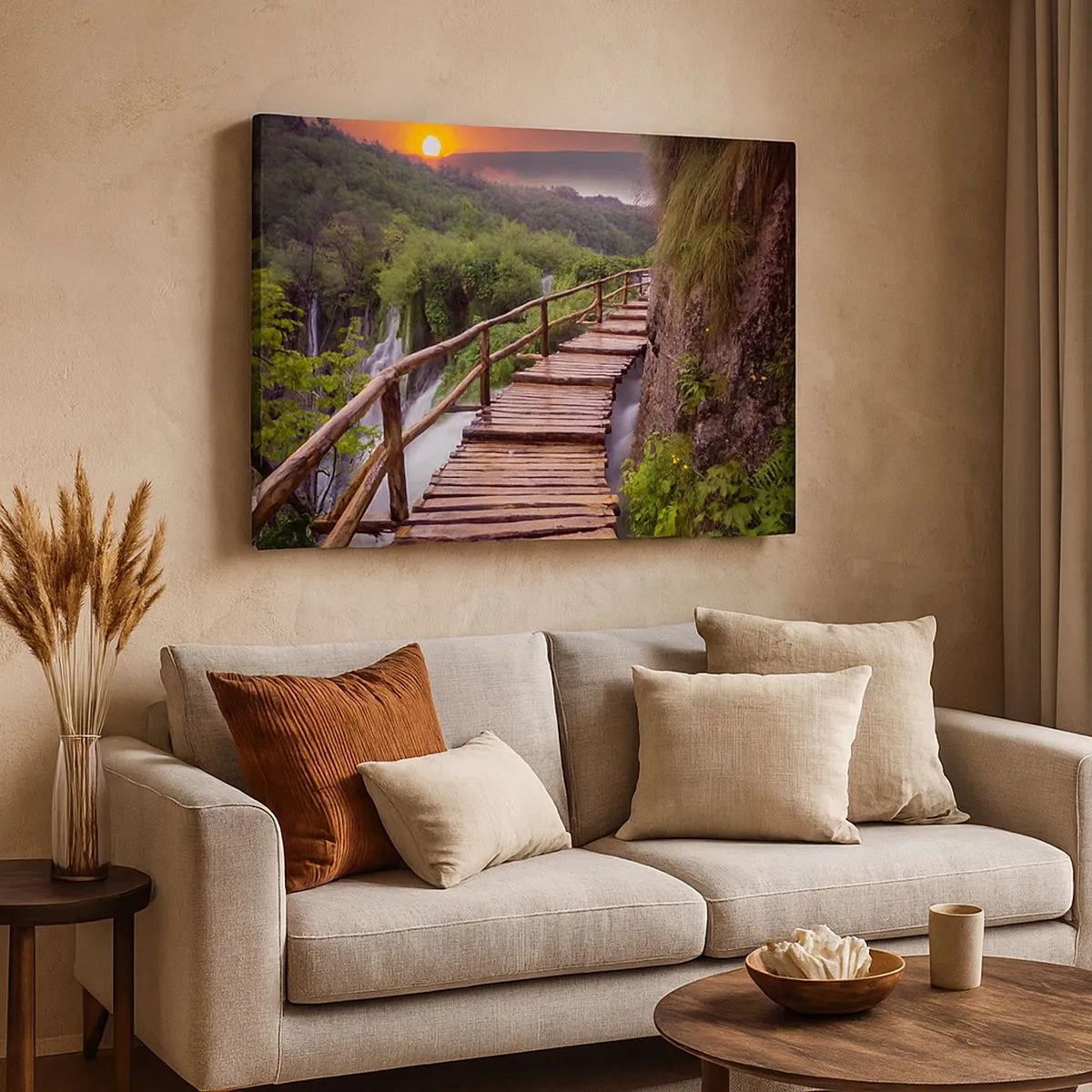 Impression sur toile - Image sur toile - Un pont surplombant les cascades au coucher du soleil - 70x50cm - La beauté au-delà de la croyance - Décoration murale moderne pour le salon et la chambre ARTTOR