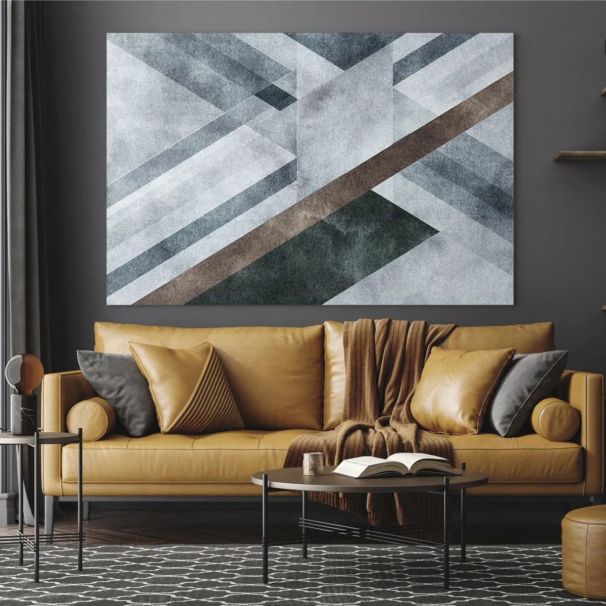 Impression sur verre - Image sur verre - Abstraction géométrique dans des tons froids avec un accent vert foncé - 70x50cm - Élégance sophistiquée de la géométrie - Décoration murale moderne pour le salon et la chambre ARTTOR