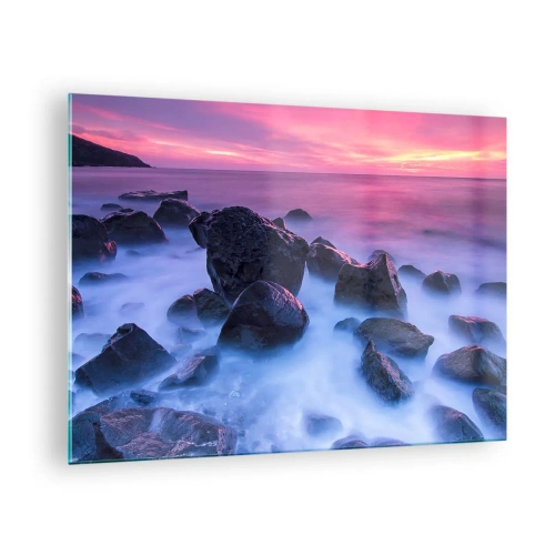 Impression sur verre - Image sur verre - Vagues s'écrasant sur les rochers au coucher du soleil - 70x50cm - Naissance dans la lumière et le brouillard - Décoration murale moderne pour le salon et la chambre ARTTOR