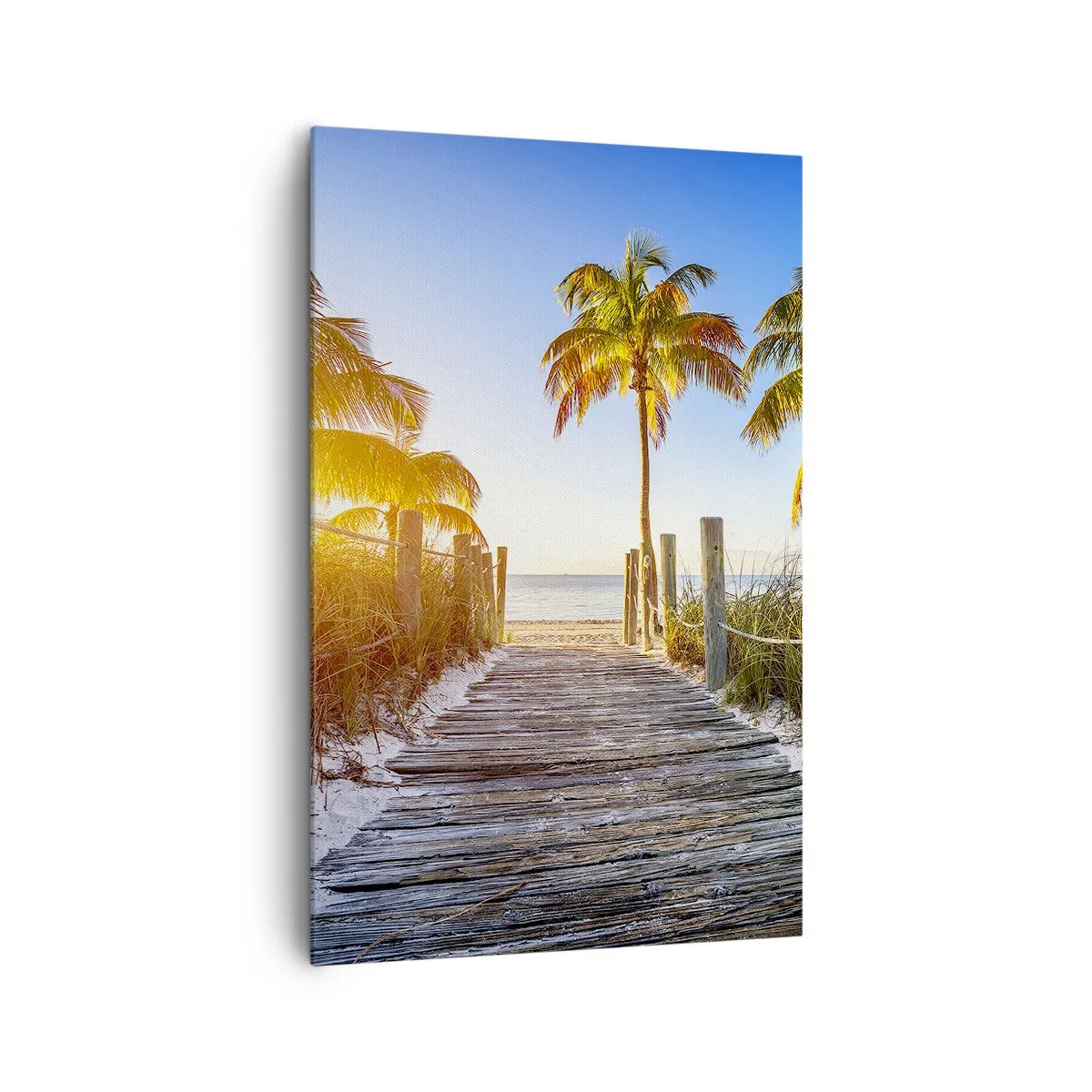Impression sur toile - Image sur toile - Chemin en bois sur la plage avec des palmiers en arrière-plan - 80x120cm - Directement au paradis - Décoration murale moderne pour le salon et la chambre ARTTOR