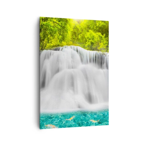 Impression sur toile - Image sur toile - Une cascade dans une forêt tropicale avec de l'eau turquoise - 70x100cm - Une cascade mousseuse du vert à l'azur - Décoration murale moderne pour le salon et la chambre ARTTOR