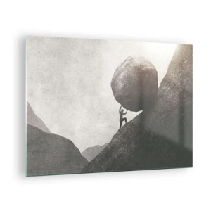 Impression sur verre - Image sur verre - Une silhouette poussant un rocher vers le haut d'une colline dans un paysage de montagne - 70x50cm - Je crois contre tout espoir - Décoration murale moderne pour le salon et la chambre ARTTOR