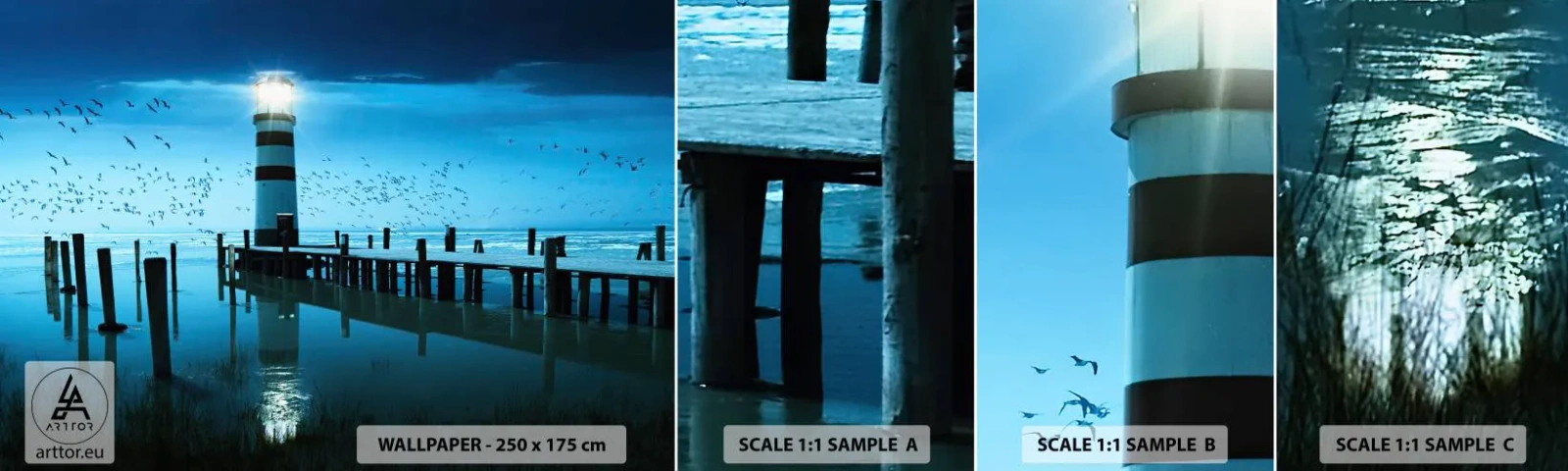 Échantillon de Papier Peint Autocollant Deluxe Sticker - Et tu n'as pas peur du noir - Paysage, Phare, Pont de bois - 100x30 cm