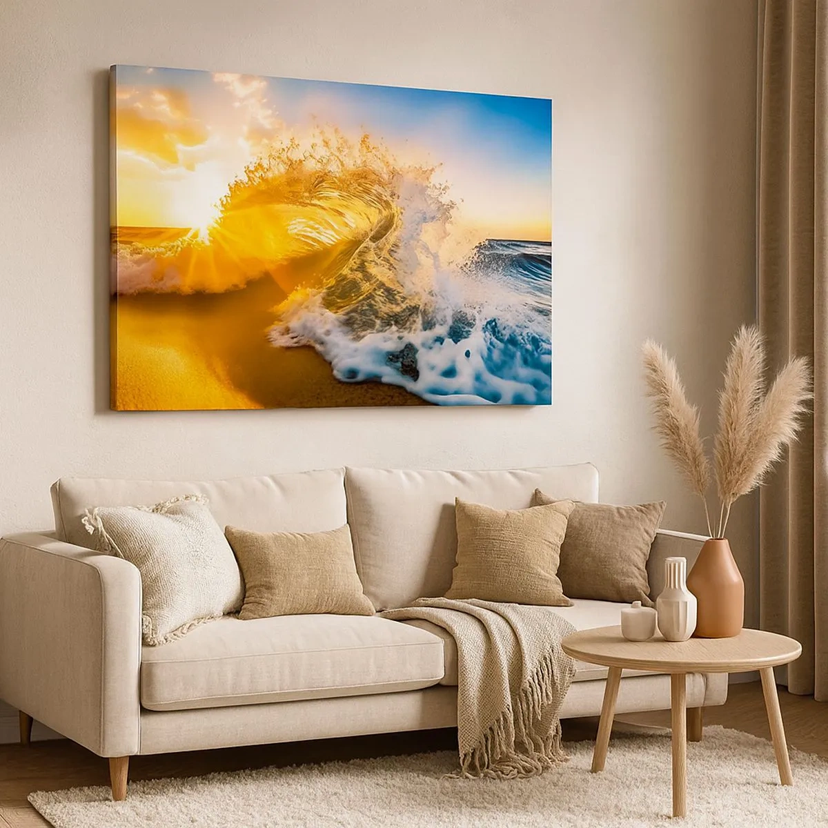 Impression sur toile - Image sur toile - Une vague dorée sur fond de soleil couchant - 70x50cm - S'amuser dans le sable - Décoration murale moderne pour le salon et la chambre ARTTOR