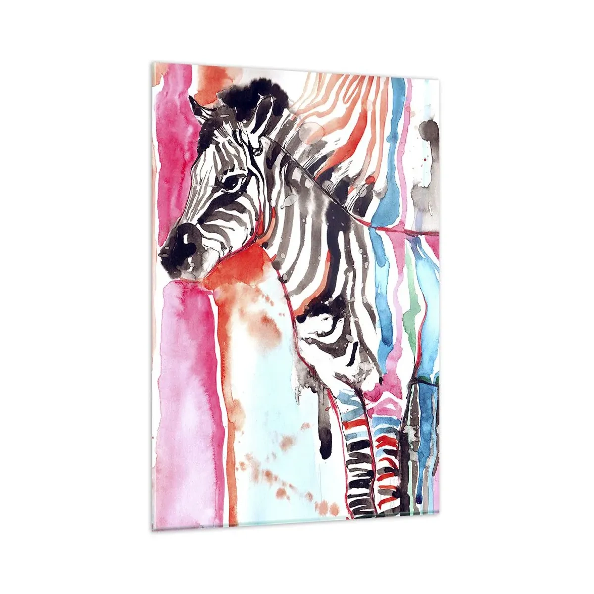 Impression sur verre - Image sur verre - Un zèbre coloré sur un fond de motifs abstraits à l'aquarelle - 80x120cm - Blague insouciante de la nature - Décoration murale moderne pour le salon et la chambre ARTTOR