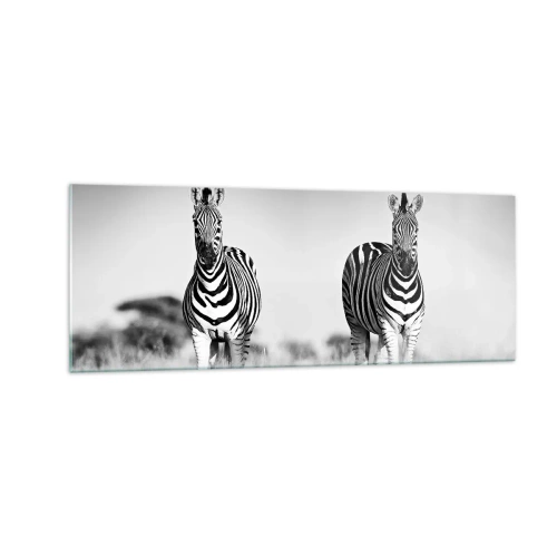 Impression sur verre - Image sur verre - Deux zèbres dans la savane dans un style monochrome - 140x50cm - Le monde est bel et bien noir et blanc - Décoration murale moderne pour le salon et la chambre ARTTOR
