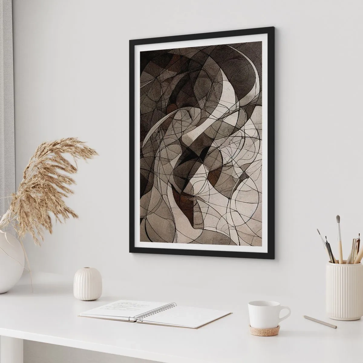 Affiche dans un cadre noir - Poster - Composition abstraite de lignes et de formes géométriques - 50x70cm - Circulation des couleurs de la terre - Décoration murale moderne pour le salon et la chambre ARTTOR